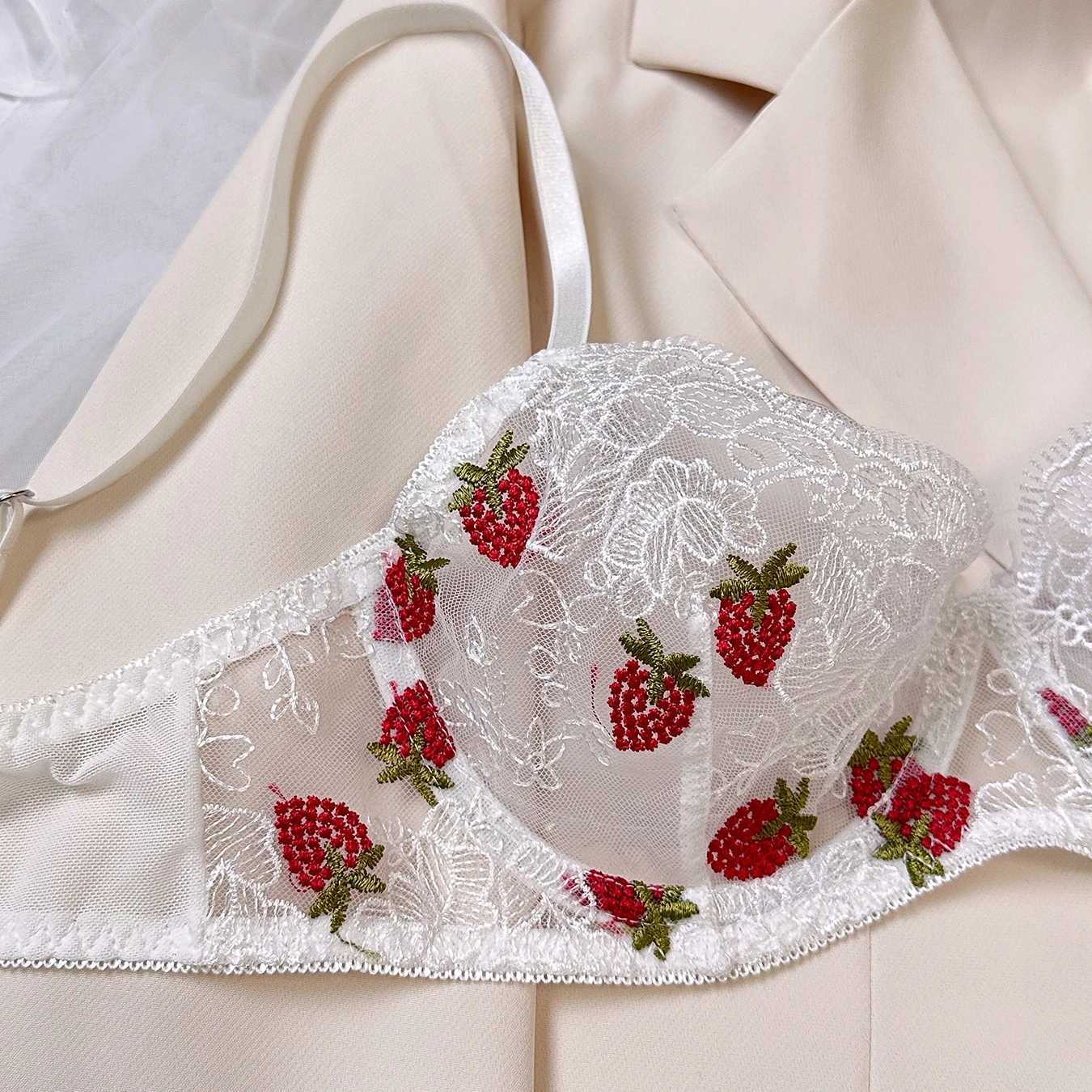 Sexy Girl Strawberry Embroidery Perspective Underwear with Steel Rings Womens Sweet Transparent Exotic Apparel Suit Bra BriefsXJ241205