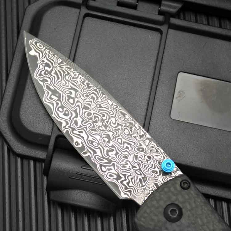 H-Models 535-3 Bugout Folding Knife 3.24 Damascus knives Satin Plain Blade, Carbon Fiber Handles