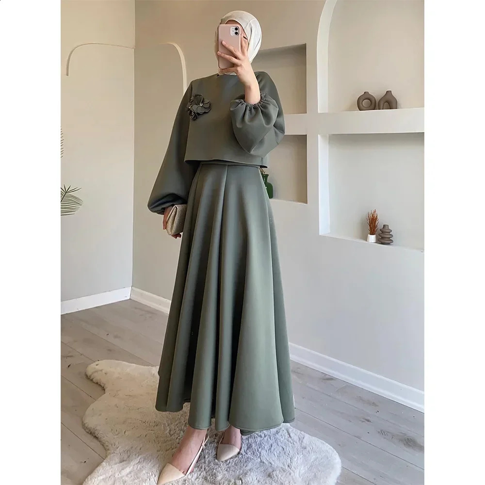 Eid Dubai Fashion Set 2 Piece Women Lantern Sleeve Top Shirt Skirts Suits Musulman Ensembles Jalabiya Appliques Muslim Sets 241205