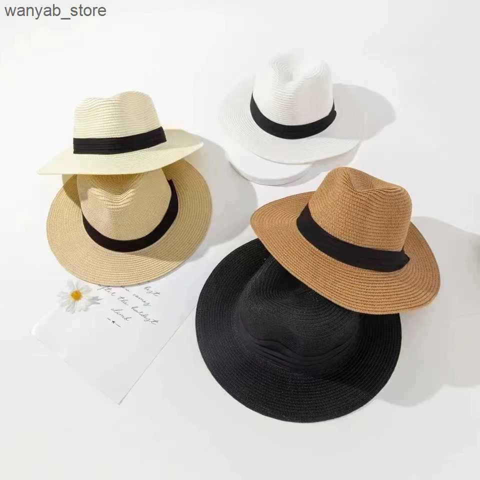 Cloches Large Size 55-57 61-62cm New Natural Panama Straw Hat Summer Men Women Wide Brim Beach UV Protection Fedora Sun Hat Wholesale L240910