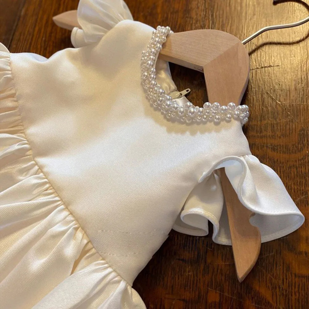 HETISO Baby Dresses for Wedding Pearl Necklace Girl Kids Dress White Toddler Clothes Elegant Birthday Gown 1-8 Years R250424