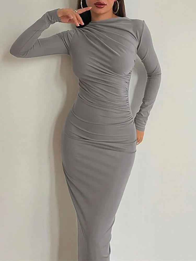 Women Elegant Solid Black Bodycon Maxi Dress Long Sleeve Lady O-neck Evening Party Vestidos Robe 241205