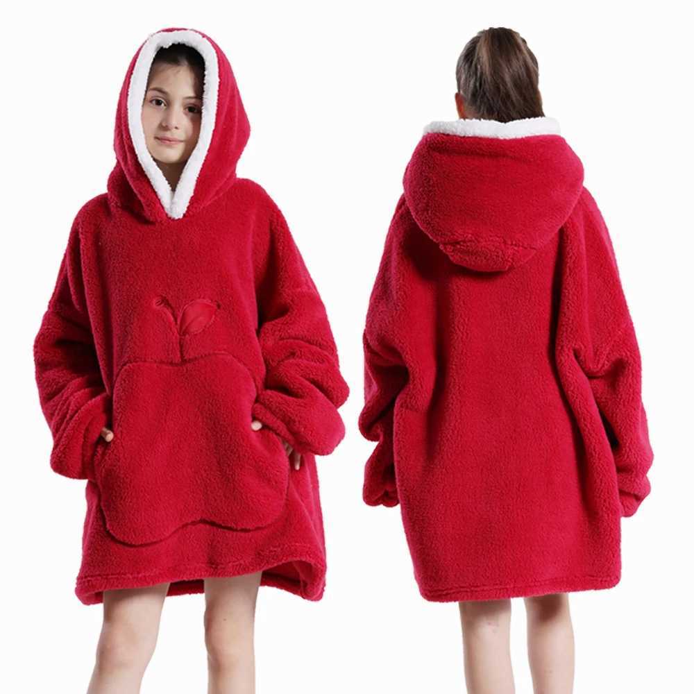 Pajamas Oversized Wearale Blanket Hoodie Boys Flannel Sherpa Fleece Warm Soft Clothing Winter Children Girl Hoodies Sweatshirt for Kids H241205
