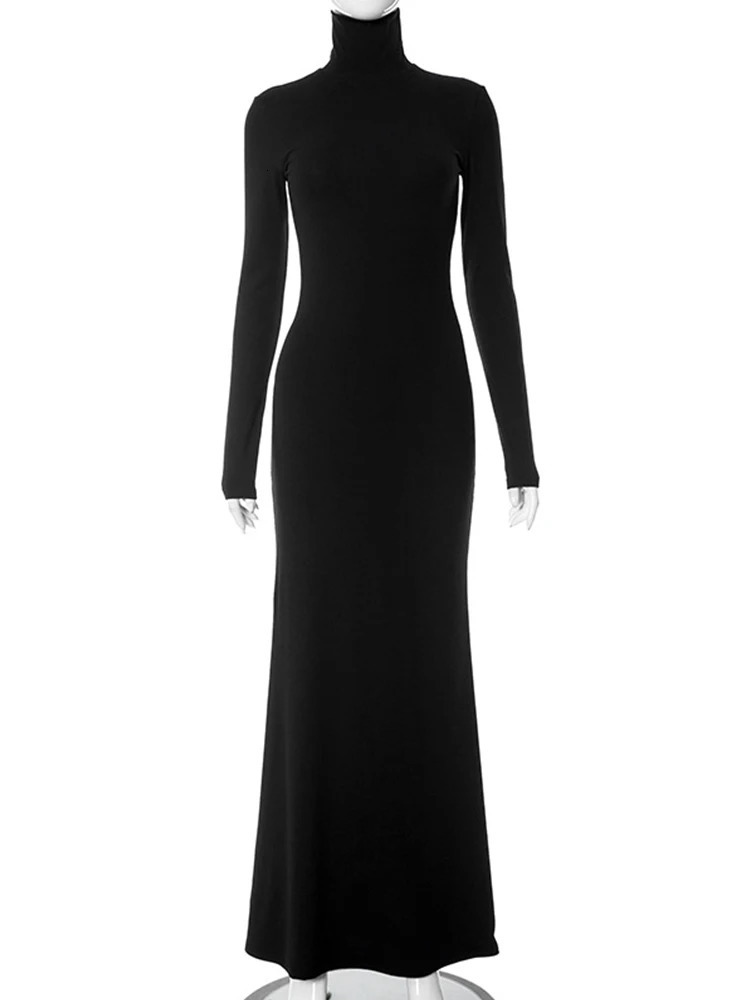 Huhugirl Elegant Dresses For Women Fashion Sexy Solid Turtleneck Full Sleeves Sheath Long Vestidos Robes Female Party Regular 241205