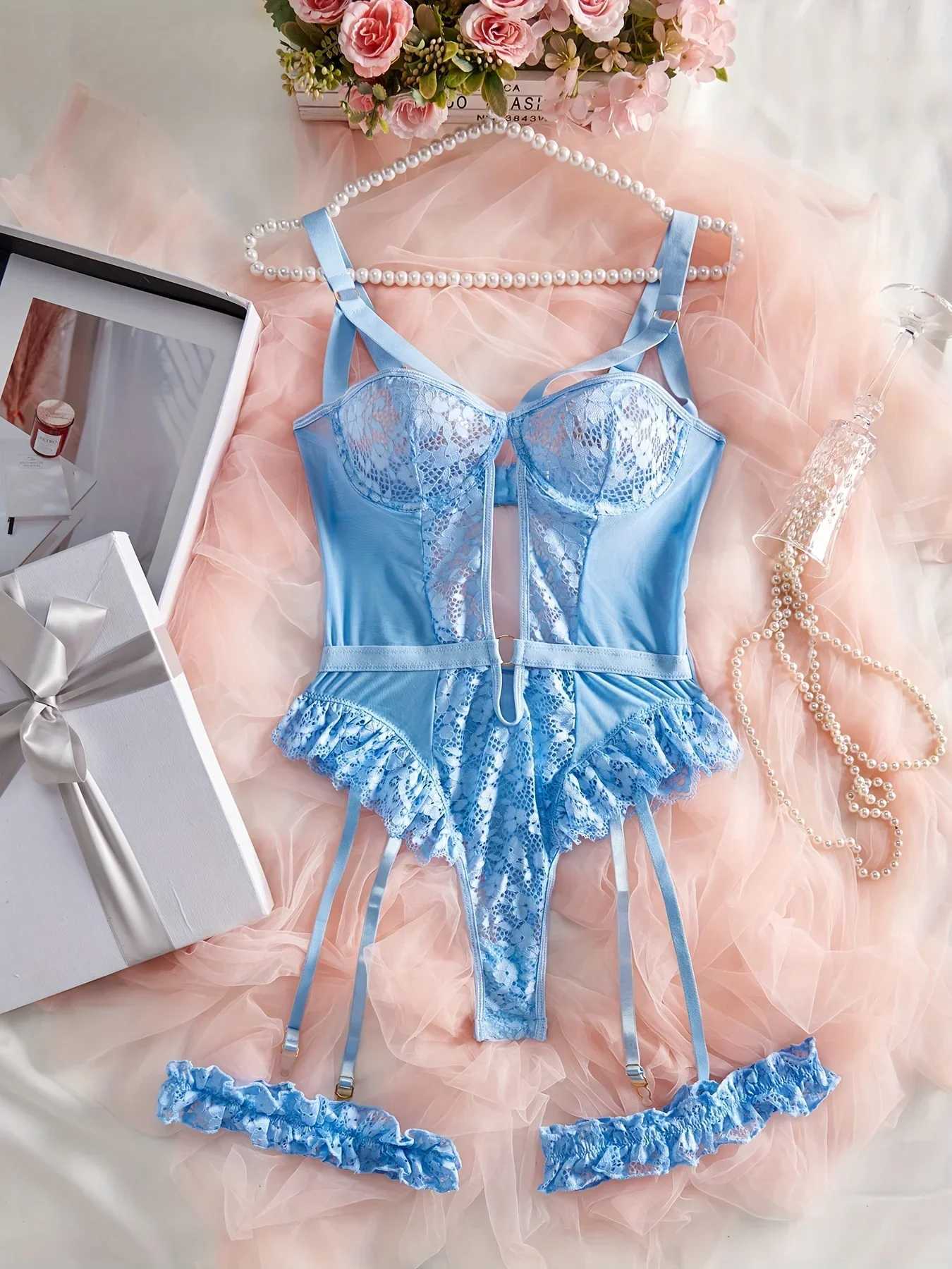 Hot Solid Contrast Lace Teddy Hollow Out Lettuce Trim Garter Belt Strappy Thong Bodysuit Womens Sexy Lingerie UnderwearXJ241205