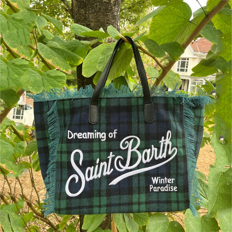 Casual Bag Women Tassel ner y Houndstooth Stripe Canvas Handbags High Quality Large Shopping Letter Beach 241204