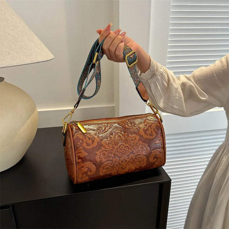 Ethnic Style Shoulder Bag PU Leather Boston Women Handbag Purse Fashion ner Crossbody Female Casual Travel Pillow 241204