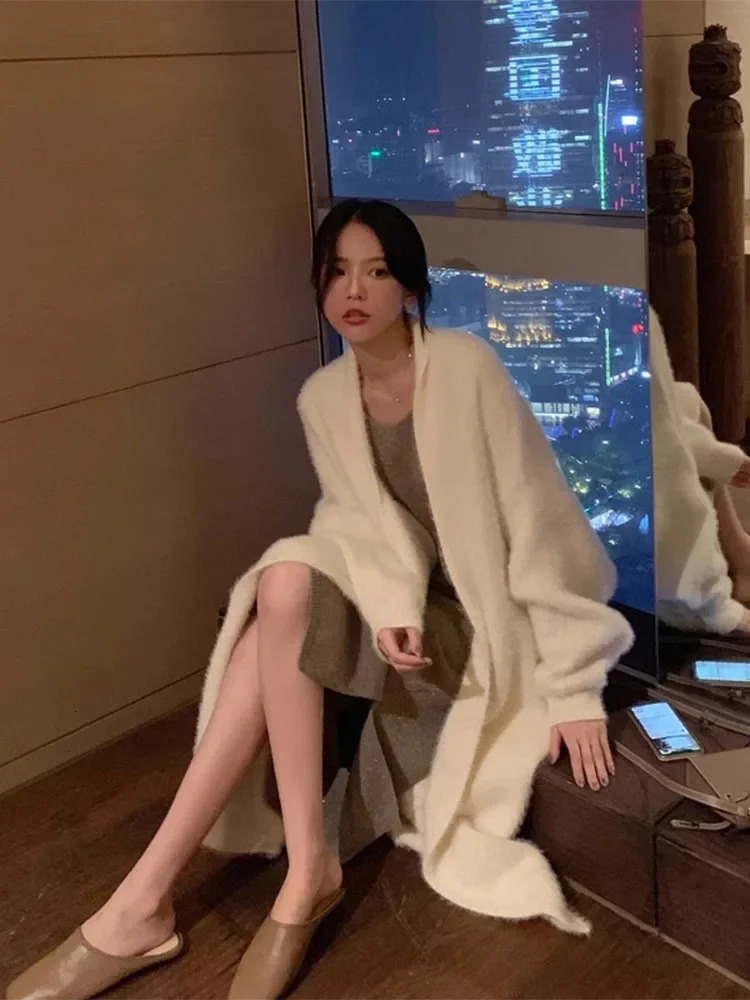 Womens Sweater White Fluffy Cardigan for Women Long Sleeve Knitwears Winter Clothing Mink Velvet Knitted 241204