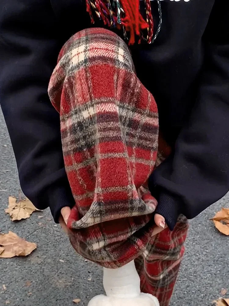 HOUZHOU Vintage Plaid Pants Women Wide Leg Harajuku Korean Style Red Checked Trousers Y2k Streetwear Classic Pants Warm Winter 241204