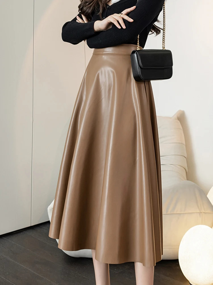 High Waist Elegant Office PU Leather A-Line Skirt For Women 2024 Autumn Winter Casual Long Skirts Female Khaki 241204