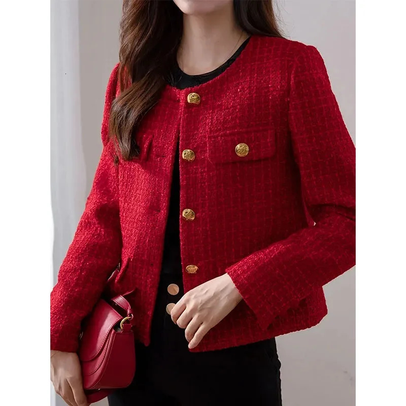 Womens Short Jacket Spring Autumn Korean Fashion Female Tops Elegant Red Tweed Small Fragrance Coat Outerwear 241205