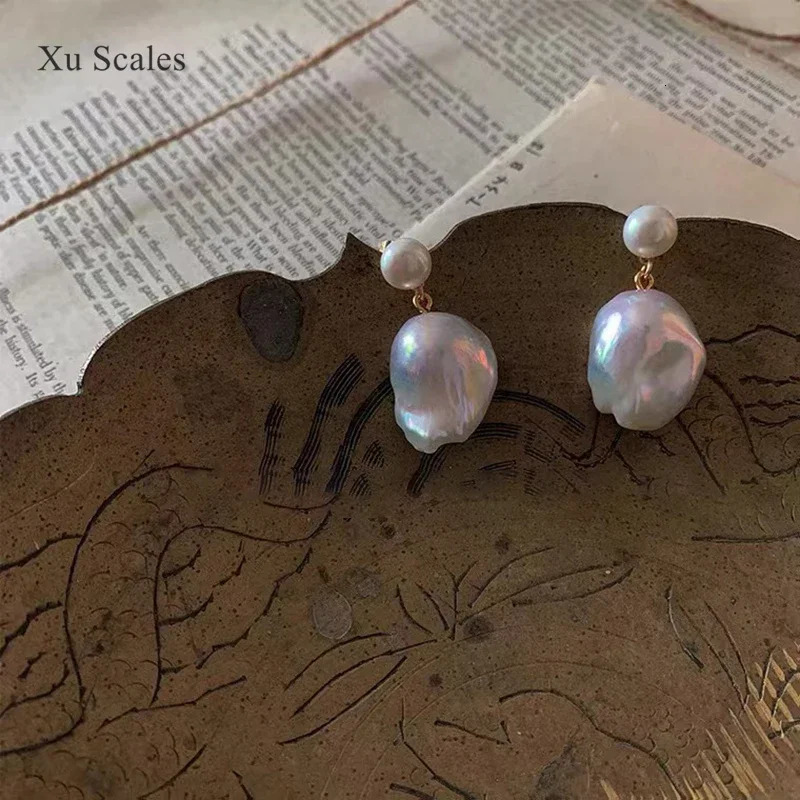 Baroque 15-25mm Natural Freshwater Shape Pearl Vintage Irregular Double Bead Earrings Temperature High End Womens Jewelry Gift 241205