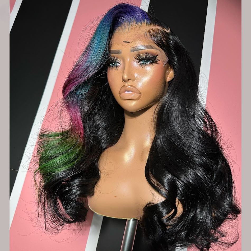Free shipping Highlights Blue Blonde Colored Transparent Lace Frontal 13x4 Body Wave Human Hair Wigs PrePlucked Wig For Black Women