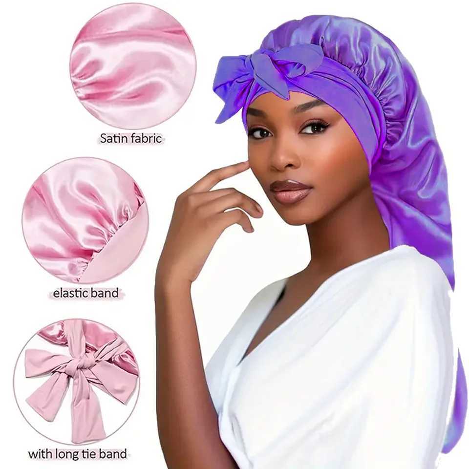 Bowknot Braid Bonnet Unscented Satin Sleep C with Elastic Band and Long Tie for Women - Breathable Night Hair BonnetXJ241205