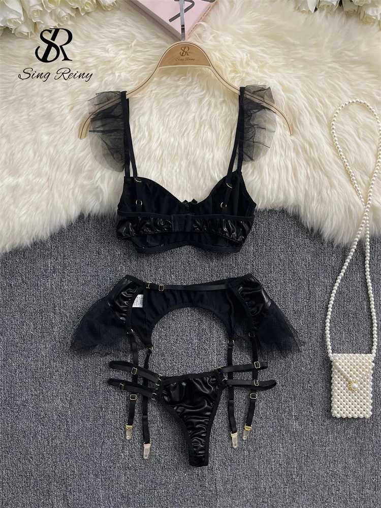 SINGREINY American Erotic Underwear Three Pieces Sets Ladies 2024 Y2K Sensual Garter Hollow Out Leather Sexy Lingerie SuitsXJ241205