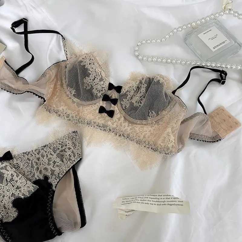 French sexy lace lingerie for womens anti sagging collection soft steel ring ultra-thin bra setXJ241205