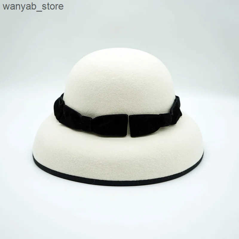 Cloches Elegant Womens Fedora Hat% Wool Bow Winter Hat Womens Cloche Bowler Hat Cocktail Wedding Dress Church Charming Hat L240910