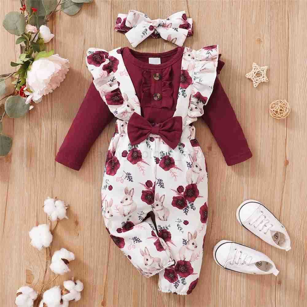 0-18Months Baby Girl Clothes Set Red Color Long Sleevs Bodysuit + Flower Strap Pants 2PCS Infant Girl New Years Clothing SuitXJ241205
