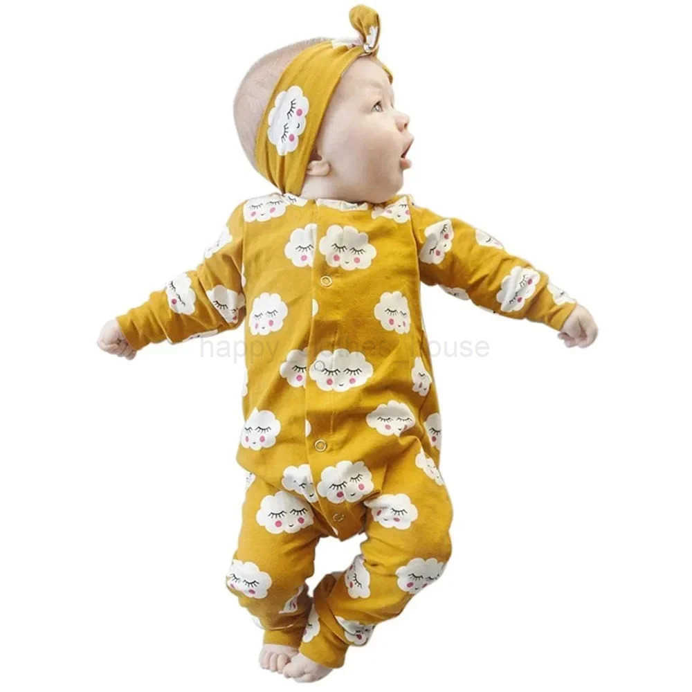 Newborn Infant Baby Girls 2pcs Clothes Set Toddler Long Sleeve Clouds Printed Romper Jumpsuit with Hairband Spring Autumn OutfitXJ241205