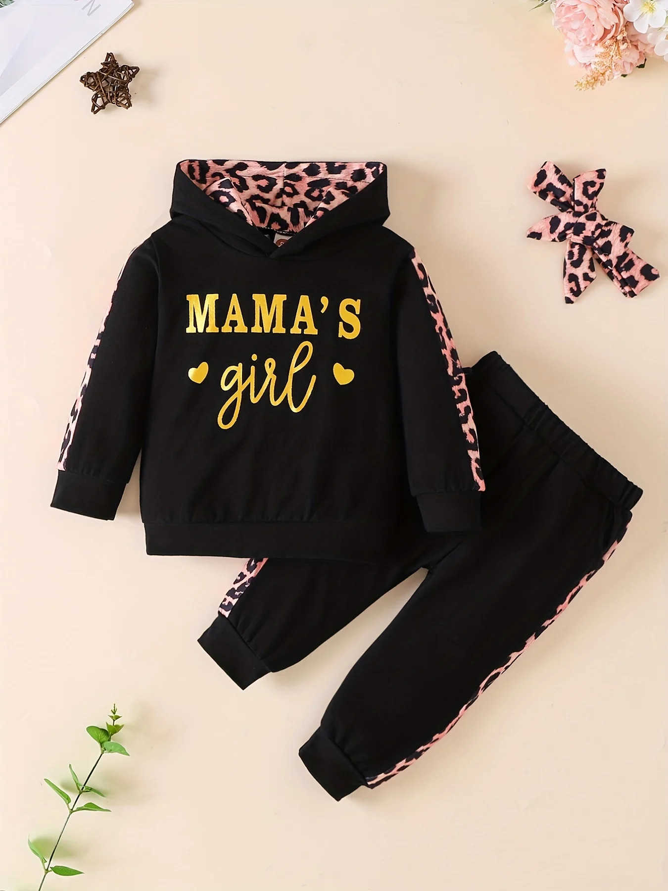 3PCS Black Spring and Autumn baby girls casual hooded long-sleeved hoodie set baby clothingXJ241205