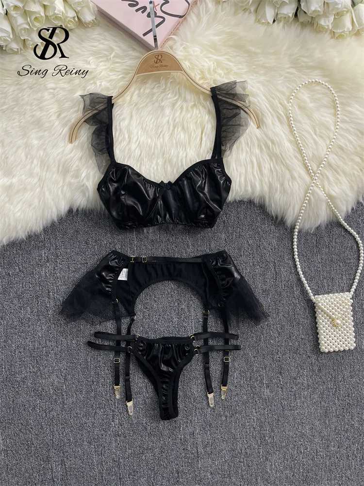 SINGREINY American Erotic Underwear Three Pieces Sets Ladies 2024 Y2K Sensual Garter Hollow Out Leather Sexy Lingerie SuitsXJ241205