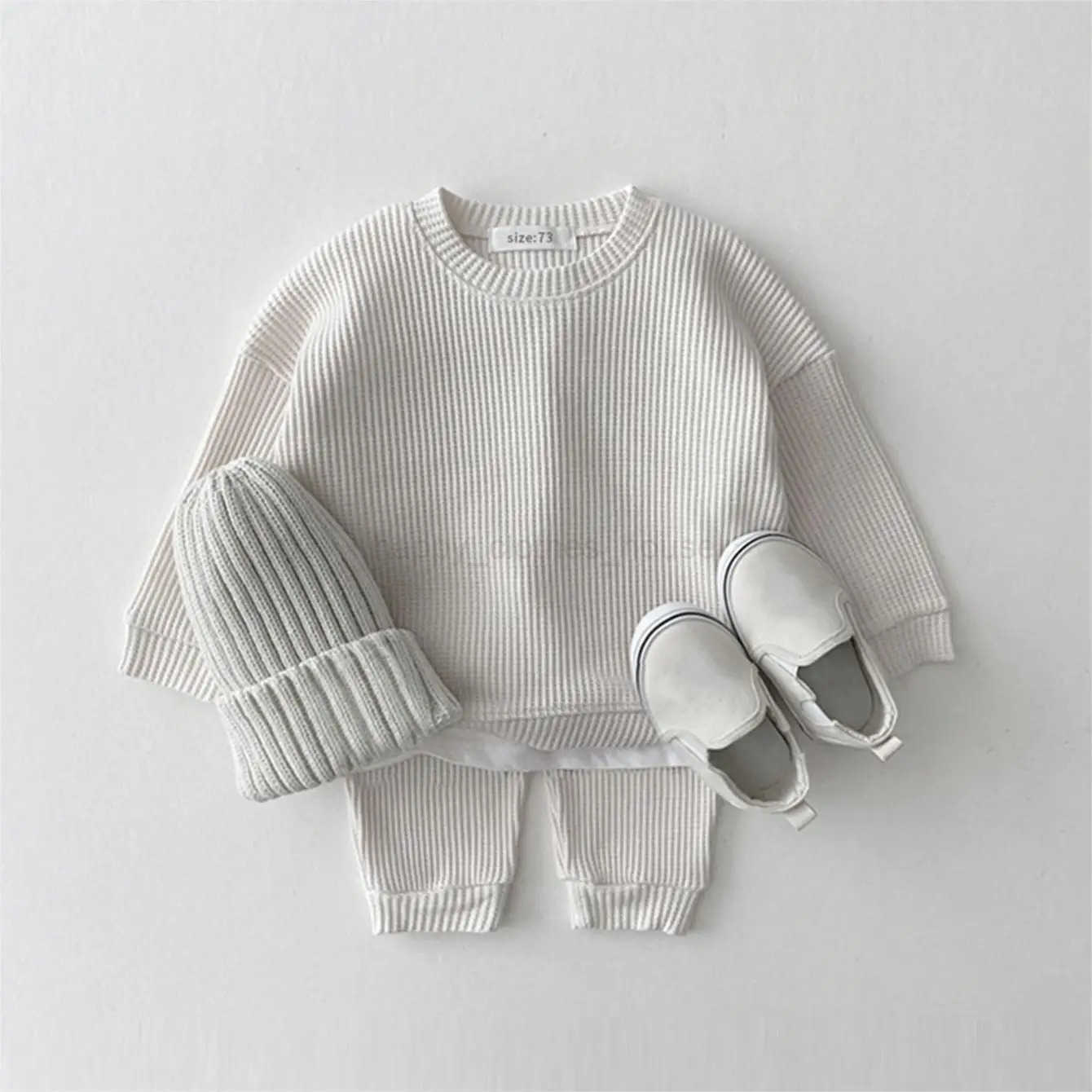 2023 Korean Baby Cotton Kintting Clothing Sets Mock Two-piece Waffle Cotton Kids Boys Girls Clothes Sets Tracksuit Tops+PantsXJ241205