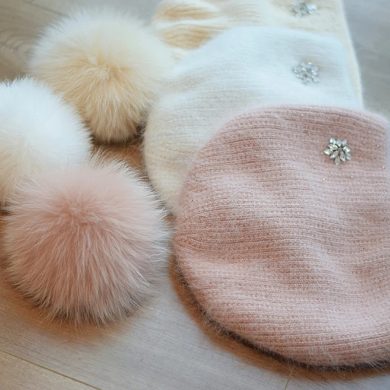 Autumn and Winter Rabbit Fur Bear Hat Womens True Fox Fur Ball Knitted Hat Fashion Split Ear Protection Wool Hat 241205