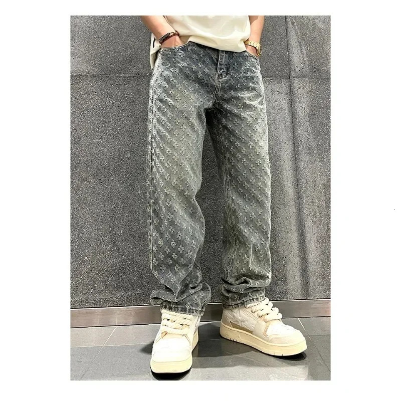 Jacquard Pattern Denim Pants Male Straight Fitting Baggy Bottoms Distressed Wide Jeans For Men 241204