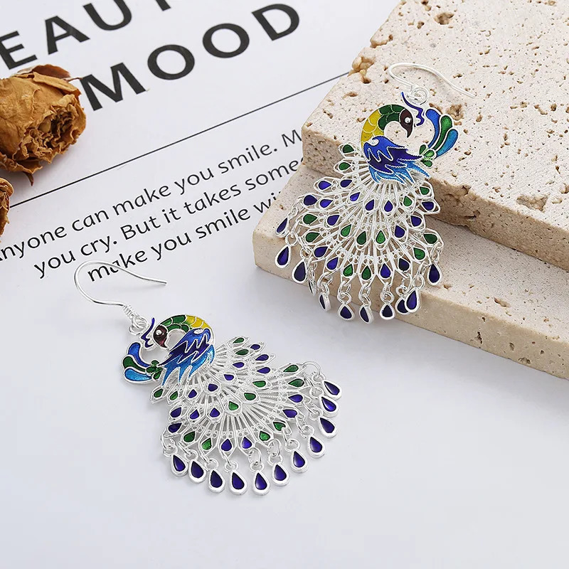 VOJEFEN sterling silver 925 colored glass peacock tassel hook earrings with luxurious and elegant womens long earrings 241205