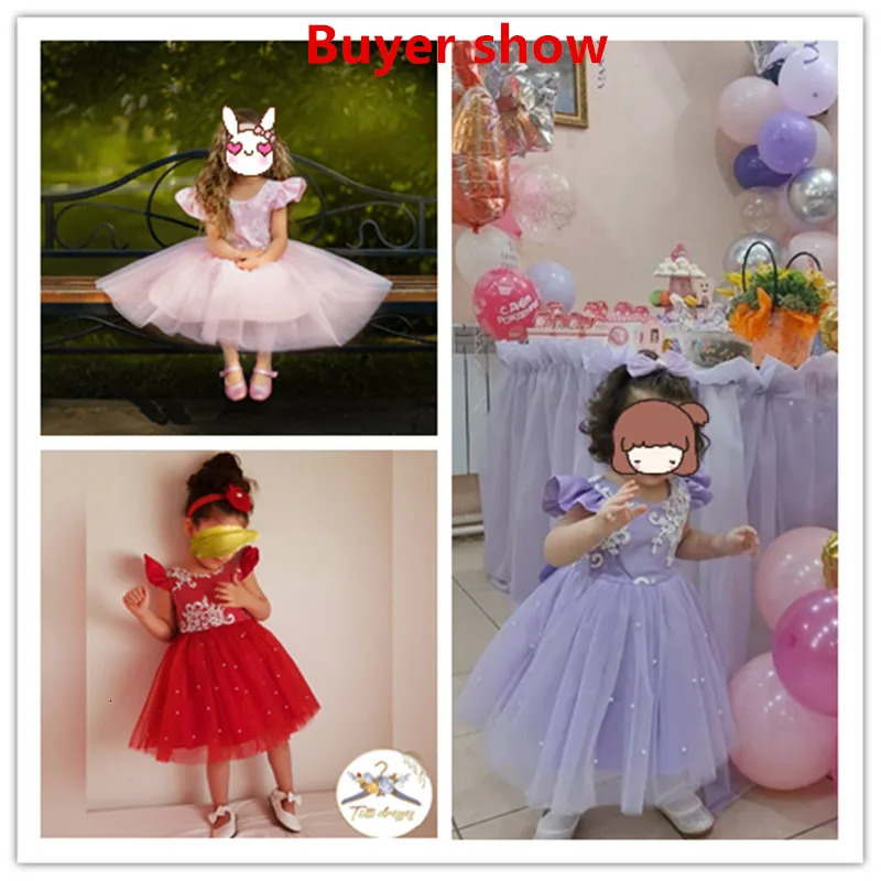 Cute Baby Dress Embroidery Lace Flower Princess Gown For 1st Birthday Party born Babi Blue Bead Prom Tulle Clothes R250424