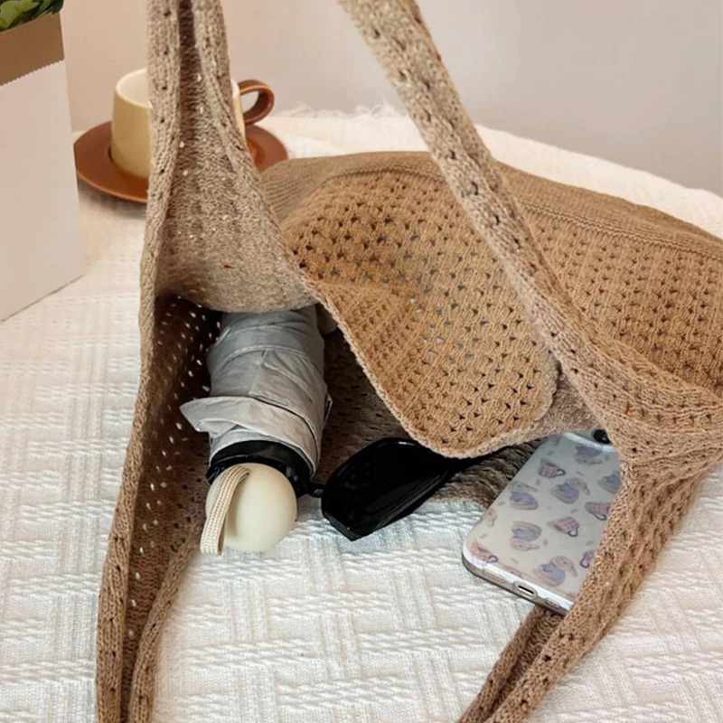 Women Handmade Woven Bags Large Capacity Crochet Hollow Out Handbags for Beach Vacation Casual Shoulder Bag 241204