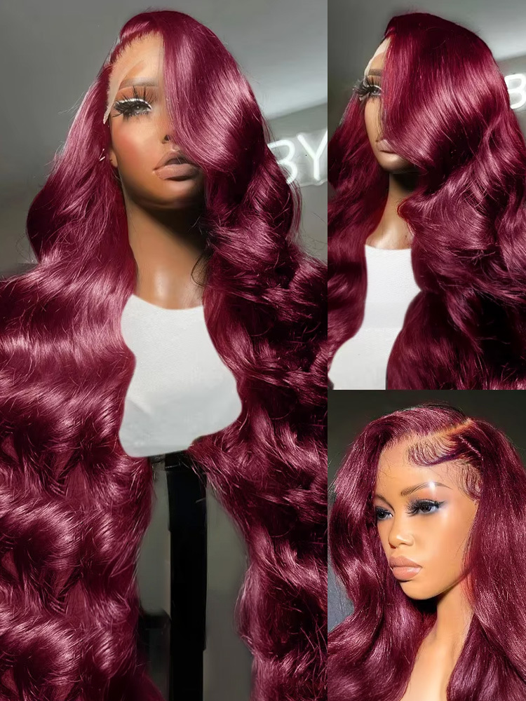 99J Bury 200 Density Body Wave 13X4 Front Wig 13X6 Human Hair HD 32 34 Inch Lace Frontal Wig Red Wine Colored Brazilian