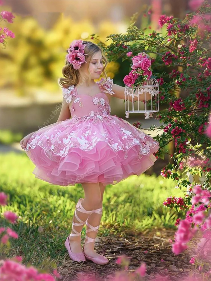 Elegant Flower Girl Dresses for Weddings Lace Applique Puffy Princess Kids Little Bride Evening Party First Communion Ball Gowns