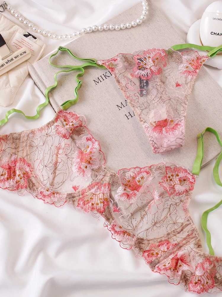 Mesh embroidery sexy underwear steel ring bra thin lingerie set women push up bras with pants suitXJ241205