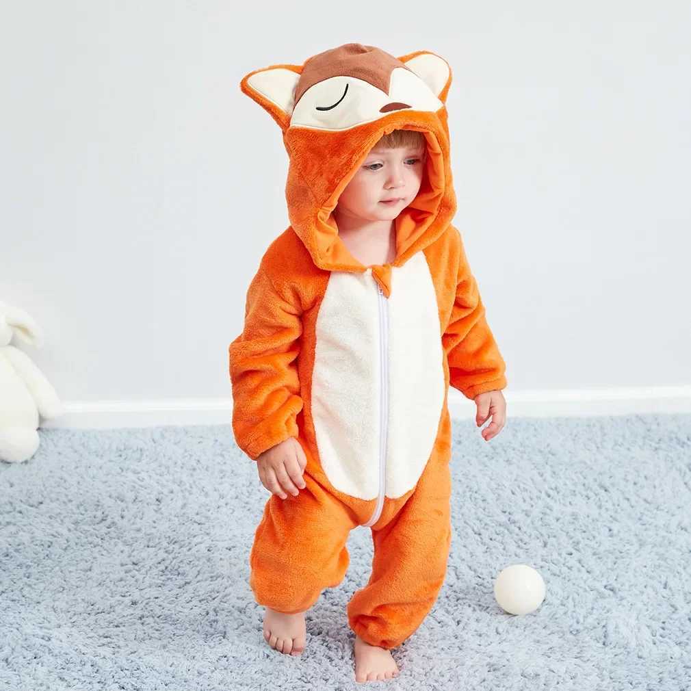 Pajamas Winter New Born Baby Clothes Romper Baby Jumpsuit Animal Hooded Pajamas Cow Panda Costume Boys Girls Overalls Infant Clothing H241205