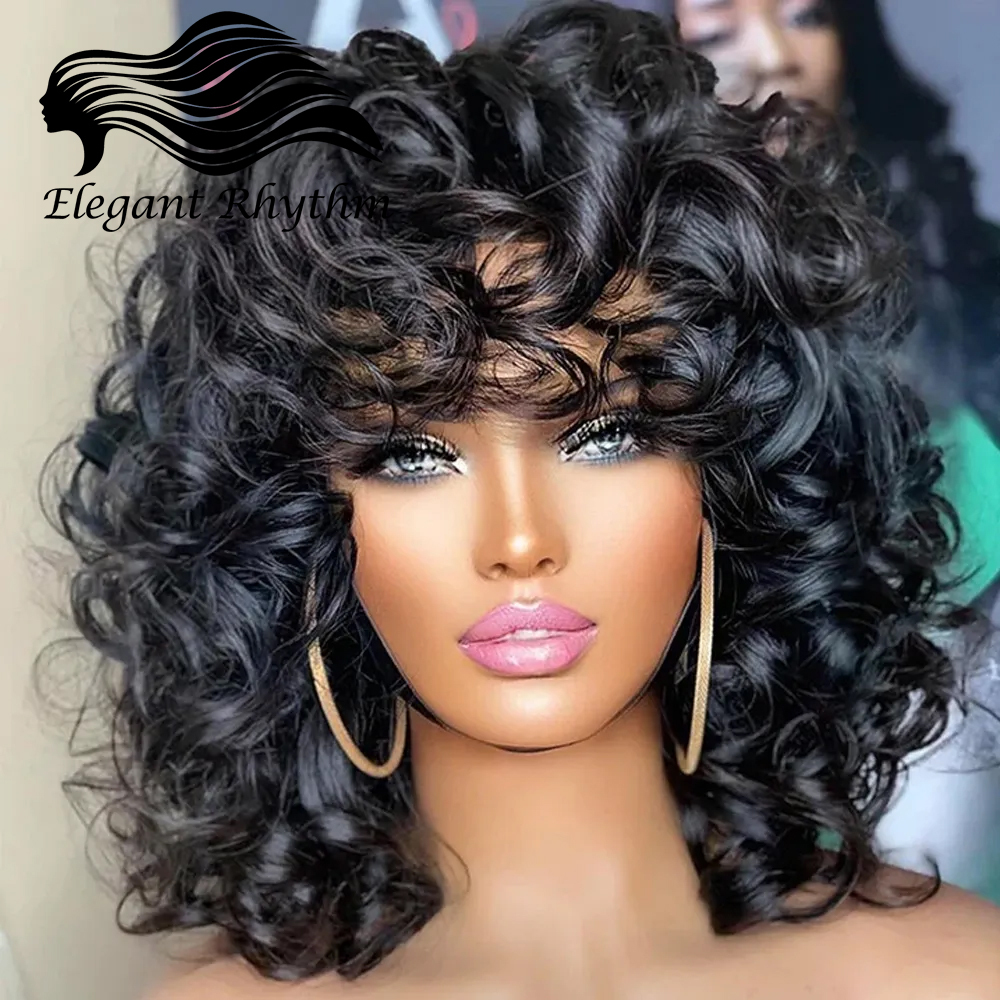 Short Bob Wig With Bangs Ready To Go Glueless Bouncy Curly Human Hair Hine Made Afro Wigs For Women