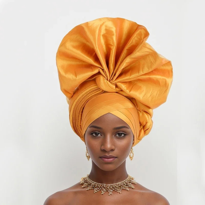 Nigeria Raw Silk Fan Gele Wedding Party Head Wraps Headwear Female Headbands 2024 African Womens Autogele Already Made Headtie 241205