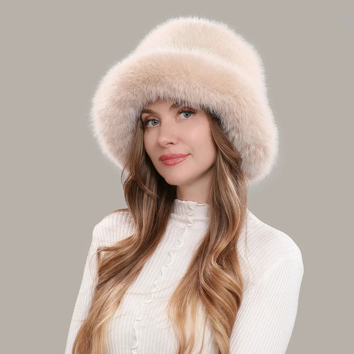 womens fluffy faux fur bucket hat fox fur warm womens winter hat thickened cold snow Panama hat 241205