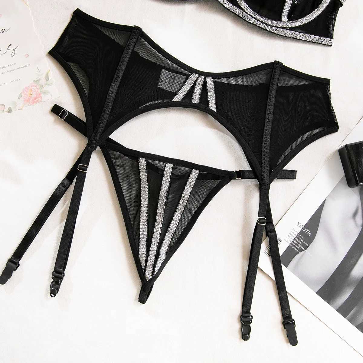 Women Glitter Shimmer Silver Bra Brief Suits Fashion Transparent Mesh Intimate Lingerie Outfit Erotic Sexy 3 Pieces UnderwearXJ241205