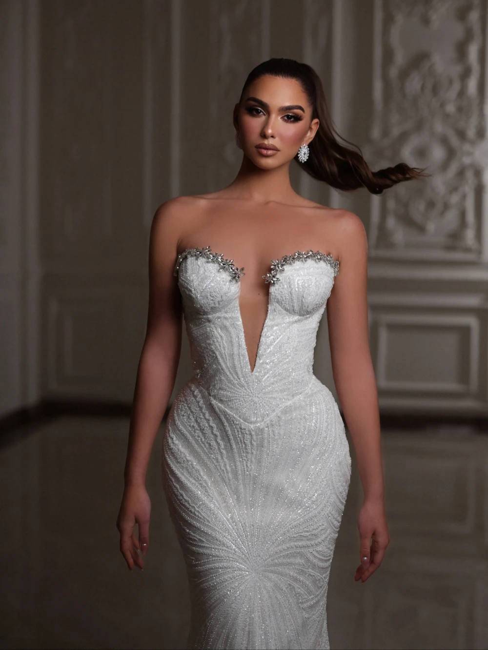Deep V Neck Mermaid Wedding Dress Detachable Train Bride Robe Customized Sequined Rhies Bridal Gown vestidos de novia