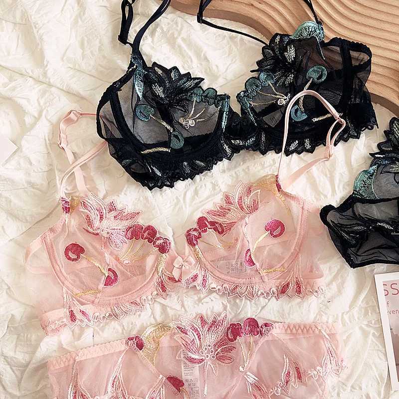 Sexy cherry embroidered lace transparent lingerie steel ring ultra-thin underwear mesh gauze bra briefs setXJ241205