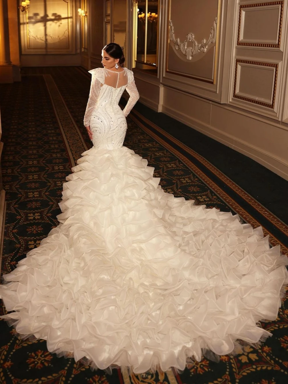 Exquisite Ruffled Beaded Mermaid Wedding Dress Modest O-neck Long Sleeve Bridal Gown Customized Sequined Dresses For Bride vestidos de novia