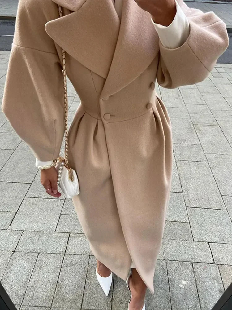Women Lapel Lantern Sleeve Long Jackets Solid Double Breasted Waist Fold Woolen Coat Winter Thick Warm Female Elegant Outwear 241204 - view 3