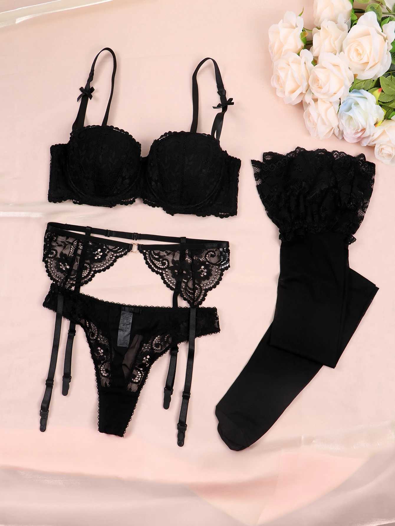 Varsbaby Women Sexy Lace Demi Bra Sets Bra Garter Belt Thong Stockings Plus Size 4 Pieces/Lot Underwear for LadiesXJ241205