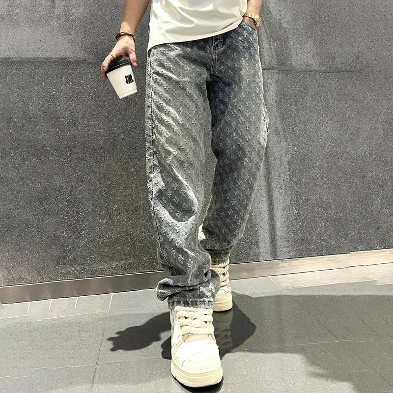 Jacquard Pattern Denim Pants Male Straight Fitting Baggy Bottoms Distressed Wide Jeans For Men 241204