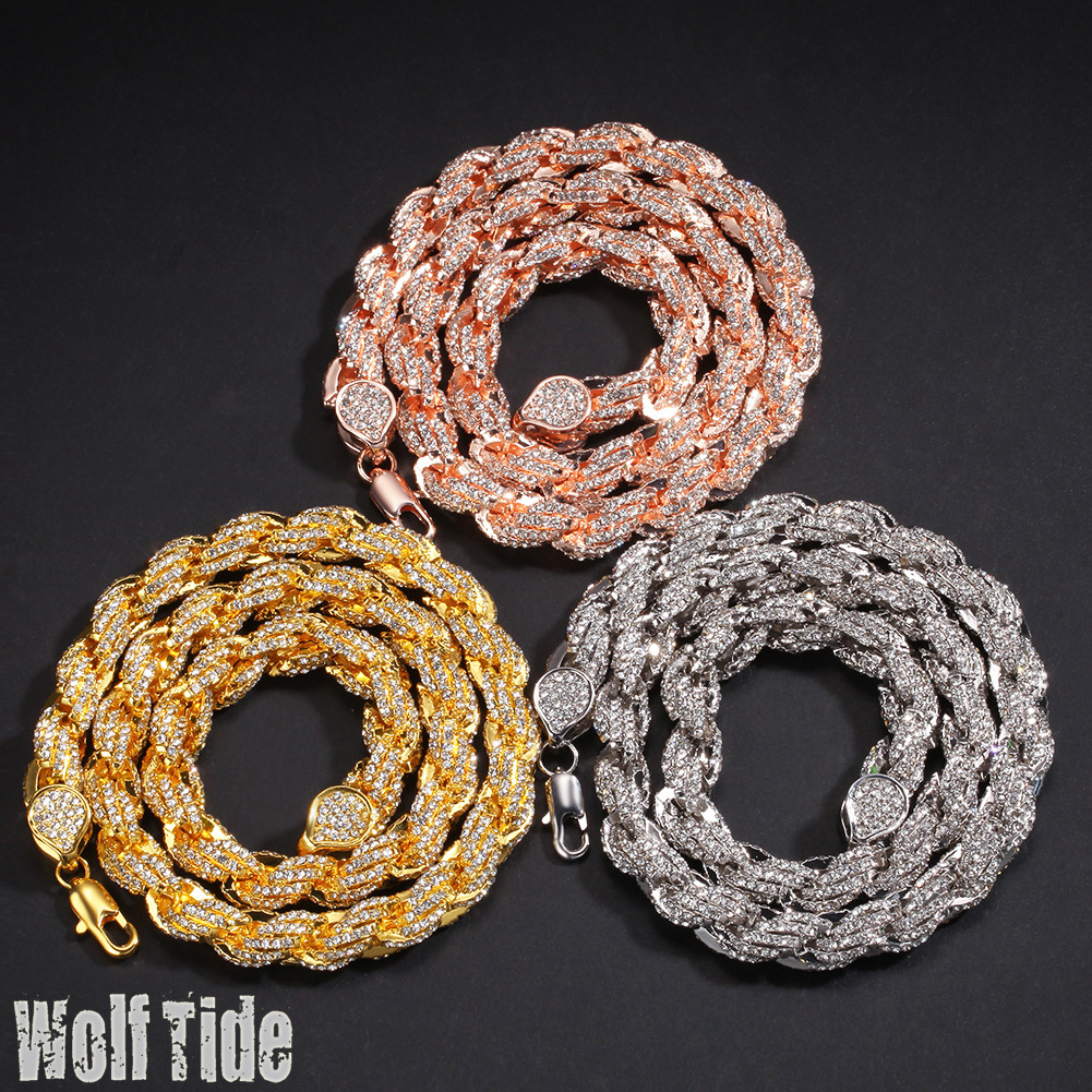 9mm 3 Colors Hip Hop Full Diamond Gold Twist Chain Necklace New In Personalized Mens Cuban Necklaces Rose Gold Silver Color Neck Chains Miami Rapper J