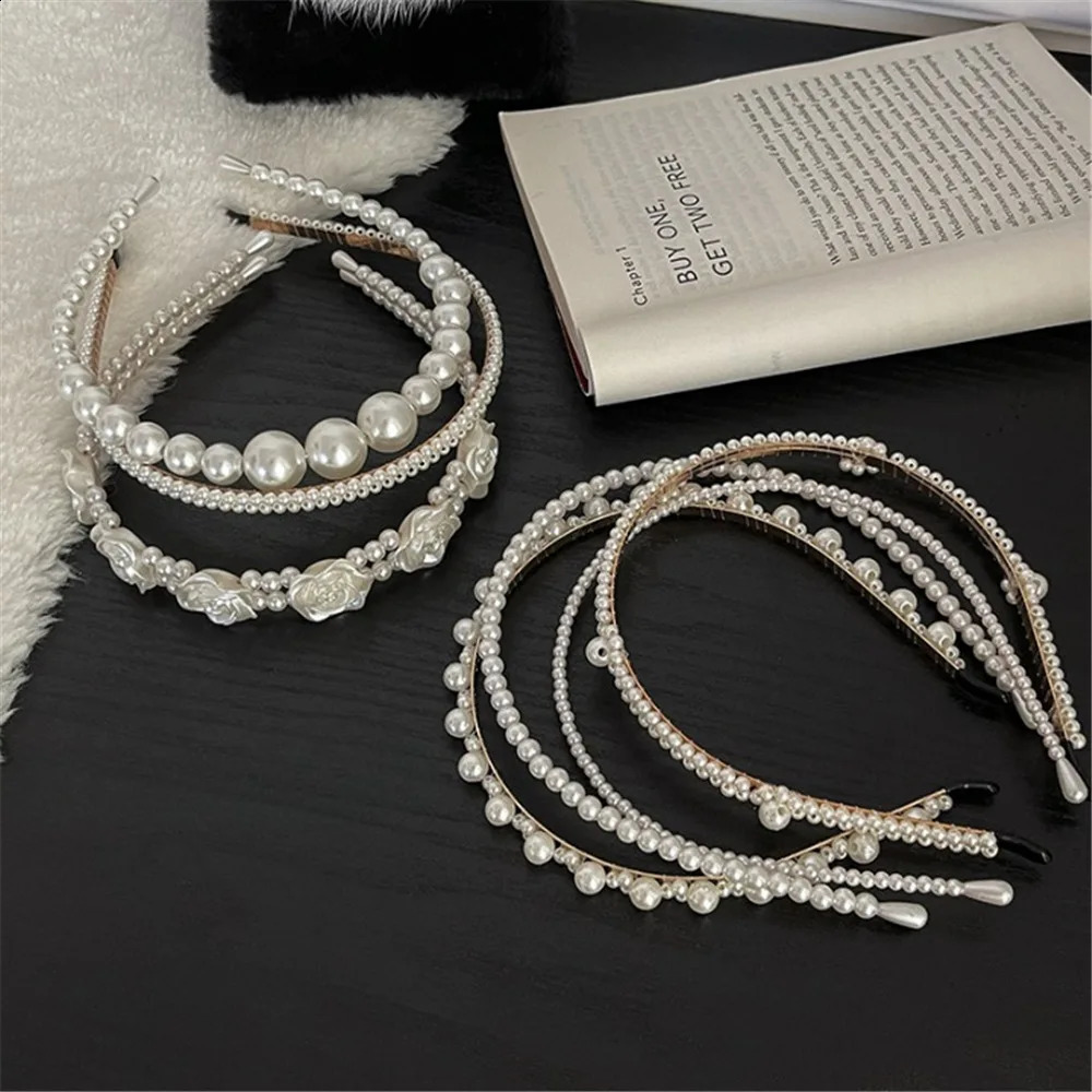 Elegant Big White Pearl Headbands for Women Girl Handmade Simple Rose Flower Hairbands Wave Retro Hairhoop Headdress Accessories 241122
