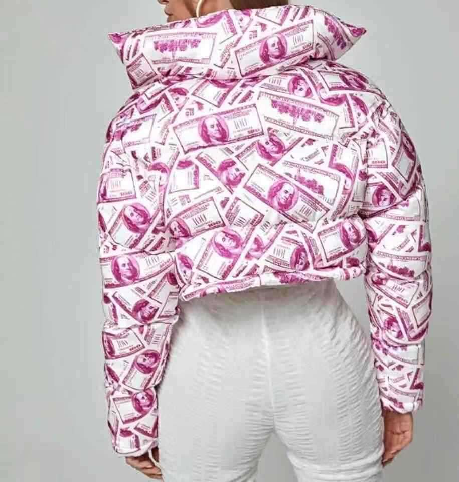 European and American women's 2021 printed long sleeved loose bread cotton coat jacket, 2024 new casual versatile fashion clothing