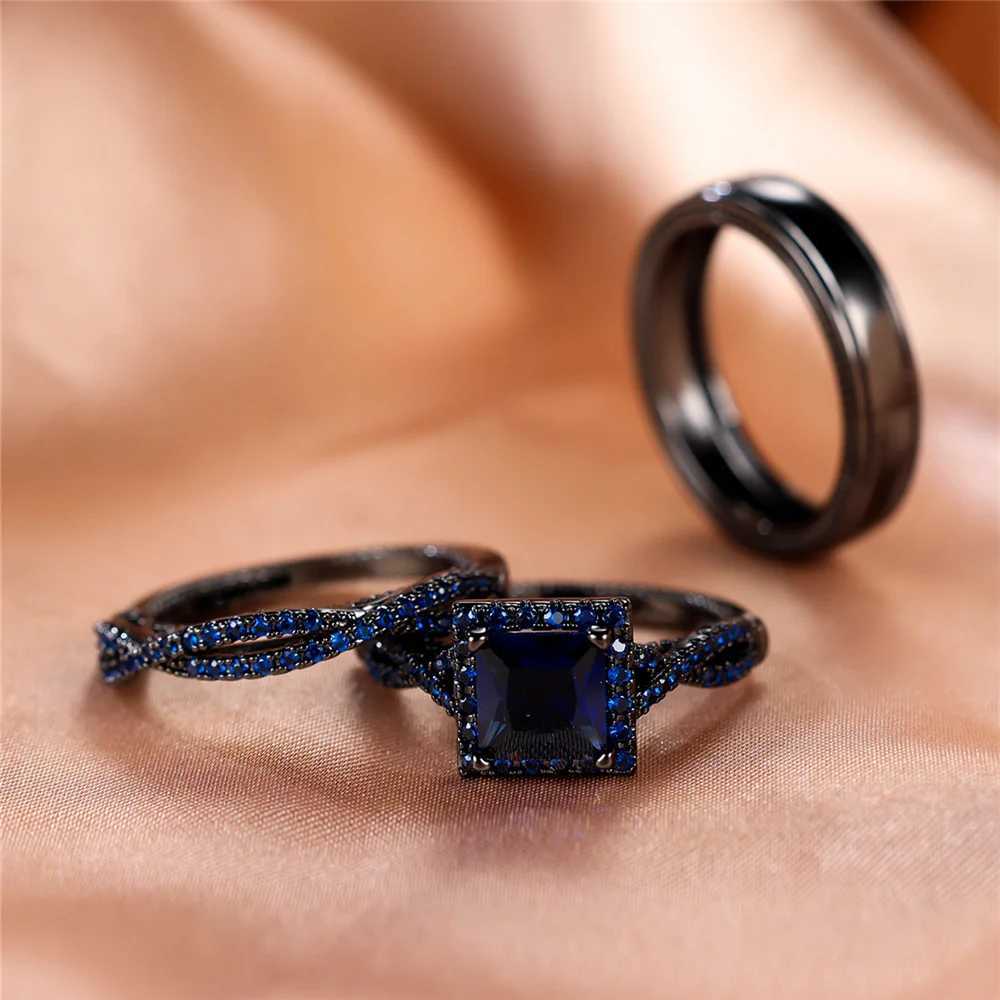 Luxury Womens Crystal Blue Zircon Engagement Ring Set Retro Black Gold Womens Wedding Jewelry W241205
