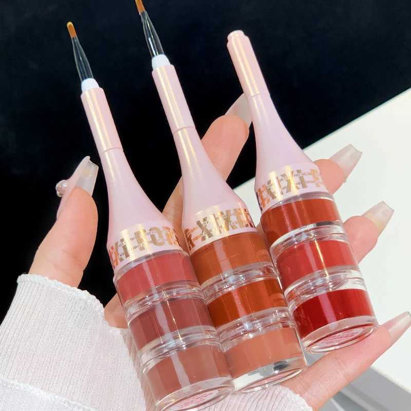 Layered 3 in 1 Lip Mud Velvet Matte Lipstick Long Lasting Rose Red Canned Lip Tint Combo Lip Gloss Kit Makeup Tri-colour LipClayXJ241205